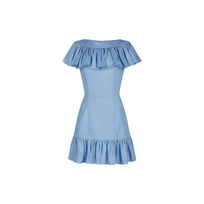 CAMELIA RUFFLE DRESS LINEN (BLUE)