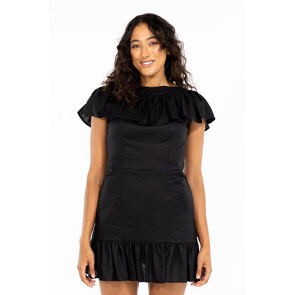 CAMELIA RUFFLE DRESS LINEN (BLACK)