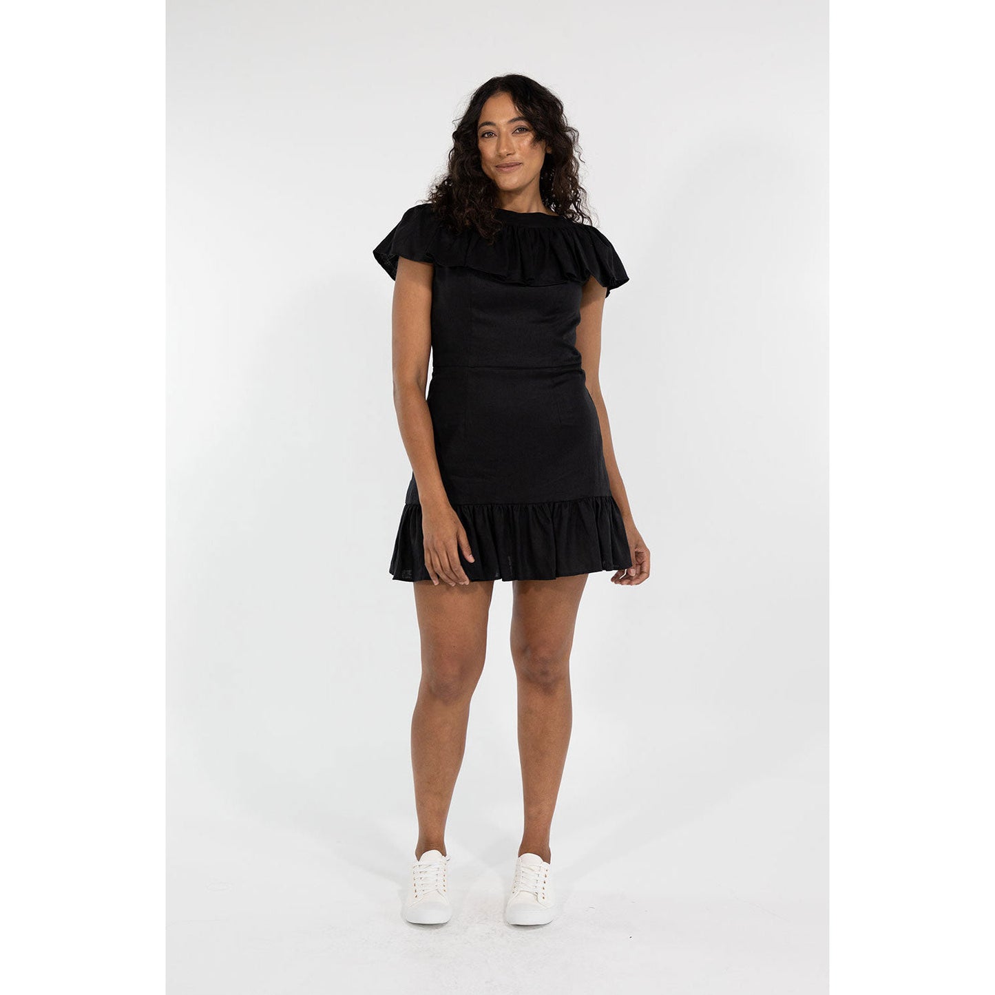 CAMELIA RUFFLE DRESS LINEN (BLACK) SHIKANZY CAMELIA RUFFLE DRESS LINEN (BLACK) SHIKANZY