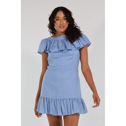 CAMELIA RUFFLE DRESS LINEN (BLUE)